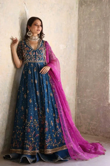 Feroza Teal Blue Cotton Net Pakistani Formal Pishwas with Intricate Zardozi Floral Embroidery, Cotton Silk Lehenga and Contrasting Fuchsia Pink Dupatta