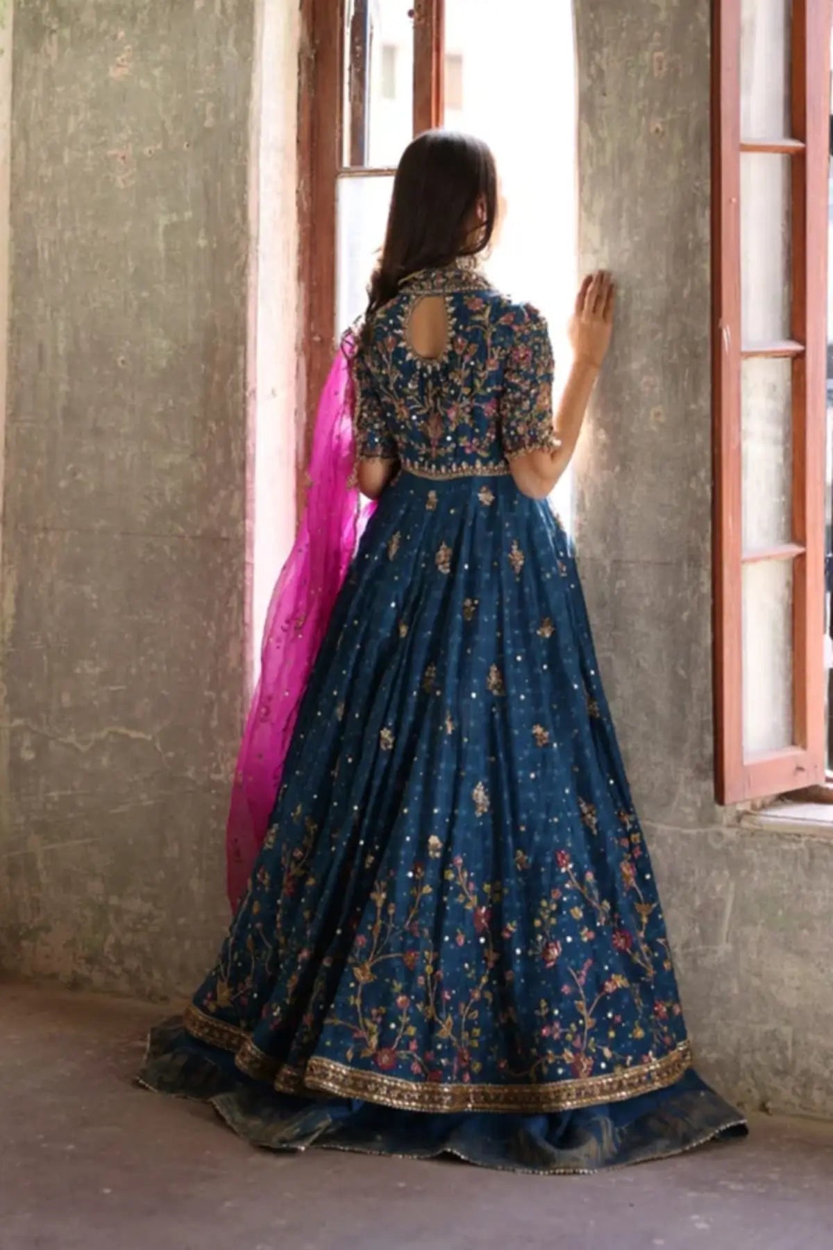 Feroza Teal Blue Cotton Net Pakistani Formal Pishwas with Intricate Zardozi Floral Embroidery, Cotton Silk Lehenga and Contrasting Fuchsia Pink Dupatta