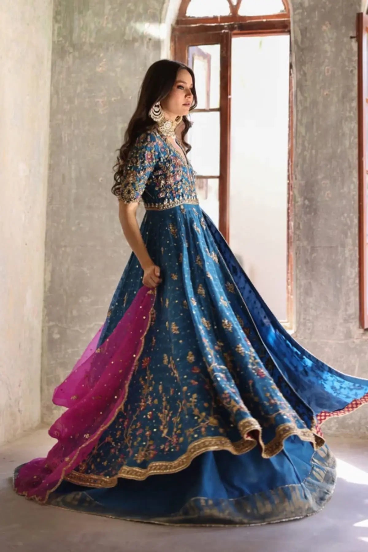 Feroza Teal Blue Cotton Net Pakistani Formal Pishwas with Intricate Zardozi Floral Embroidery, Cotton Silk Lehenga and Contrasting Fuchsia Pink Dupatta