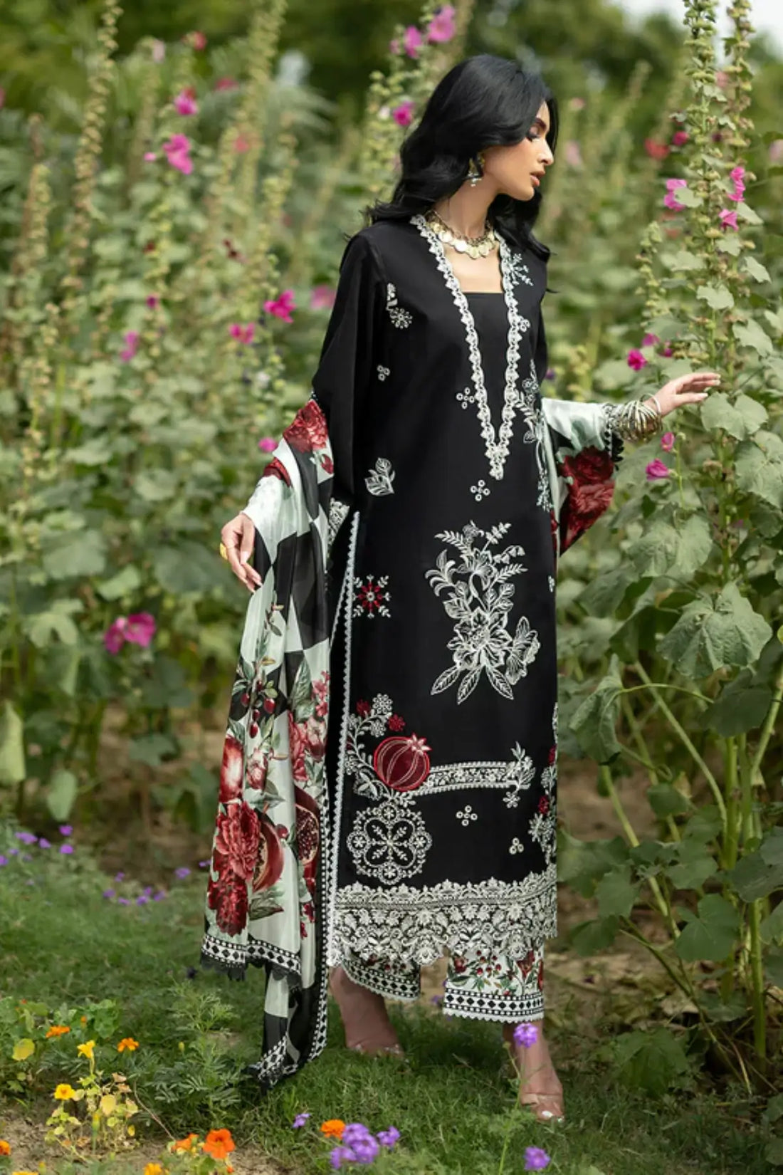 Fia 03 black embroidered stitched lawn 3PC suit with silk dupatta by Zainab Chottani Pakistanimoda
