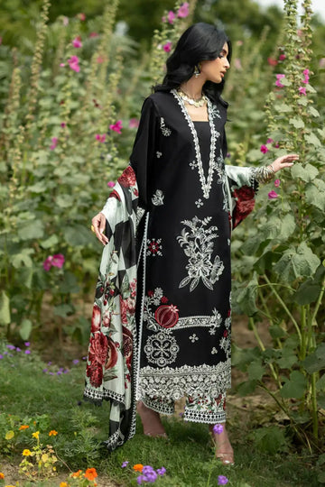 Fia 03 black embroidered stitched lawn 3PC suit with silk dupatta by Zainab Chottani Pakistanimoda