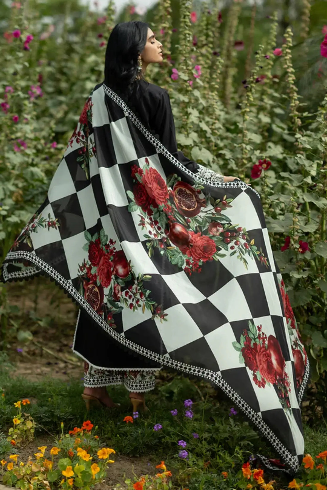 Fia 03 black embroidered stitched lawn 3PC suit with silk dupatta by Zainab Chottani Pakistanimoda