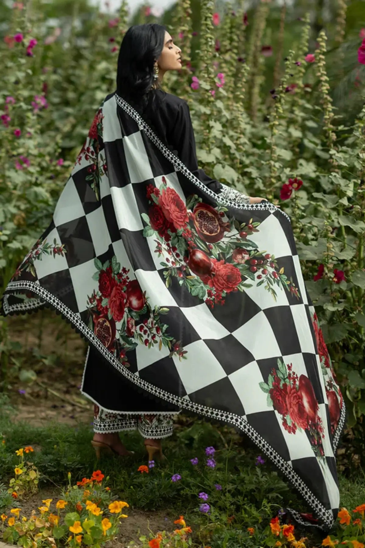 Fia 03 black embroidered stitched lawn 3PC suit with silk dupatta by Zainab Chottani Pakistanimoda