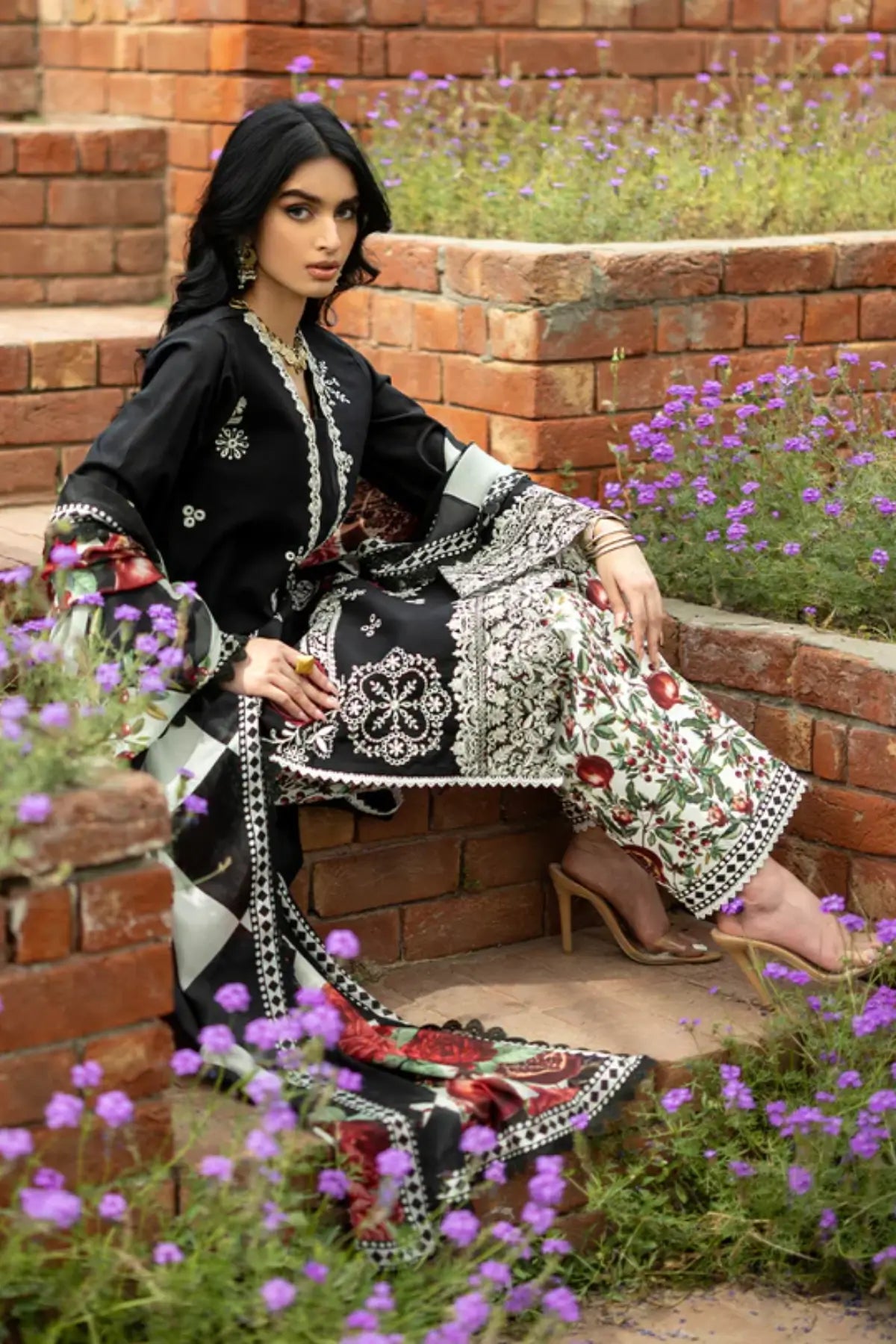 Fia 03 black embroidered stitched lawn 3PC suit with silk dupatta by Zainab Chottani Pakistanimoda