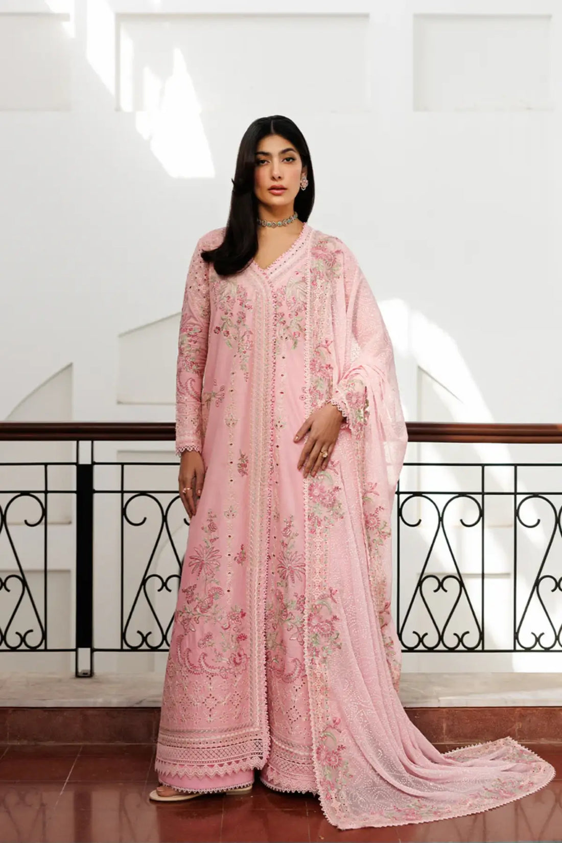 Fiona Emaan Adeel pink embroidered lawn stitched 3PC suit with block print chiffon dupatta