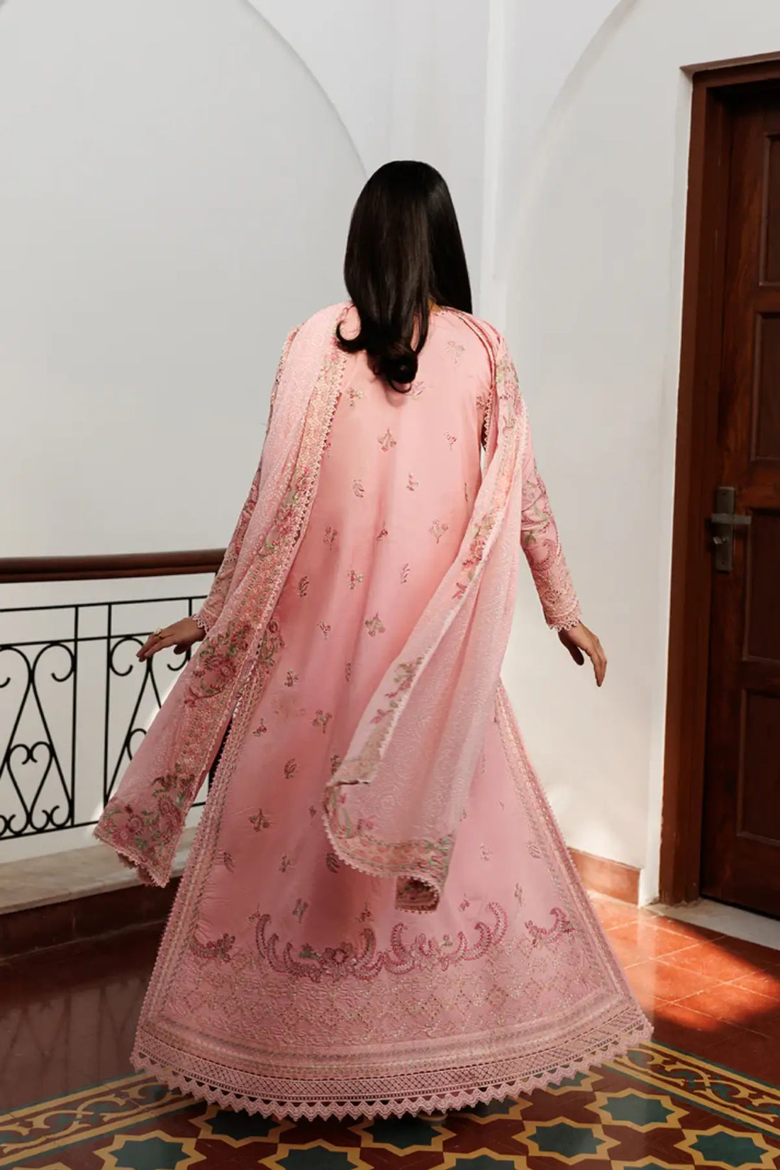 Fiona Emaan Adeel pink embroidered lawn stitched 3PC suit with block print chiffon dupatta