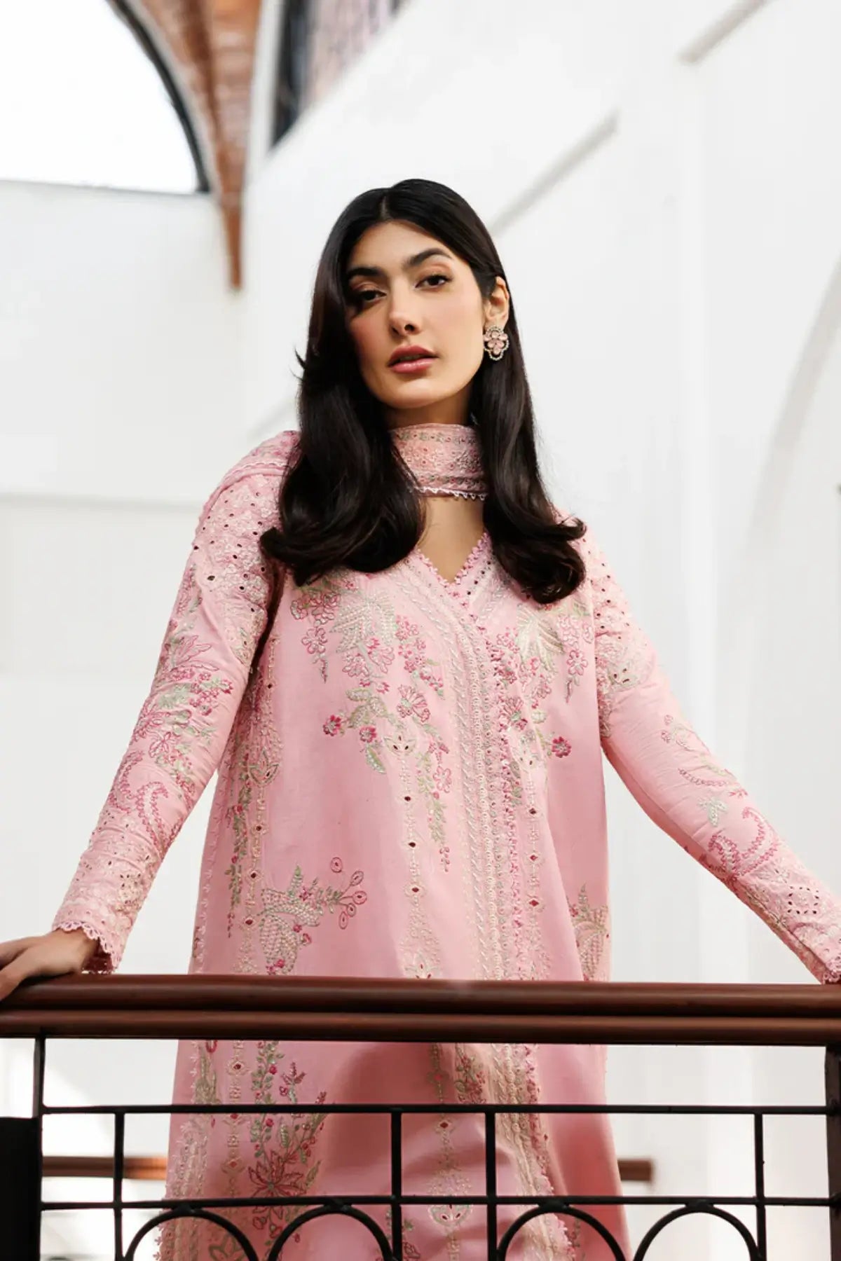 Fiona Emaan Adeel pink embroidered lawn stitched 3PC suit with block print chiffon dupatta