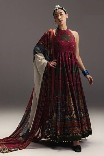 Zara Shahjahan Firdaus D6 Anarkali 2026 burgundy Pima lawn stitched dress