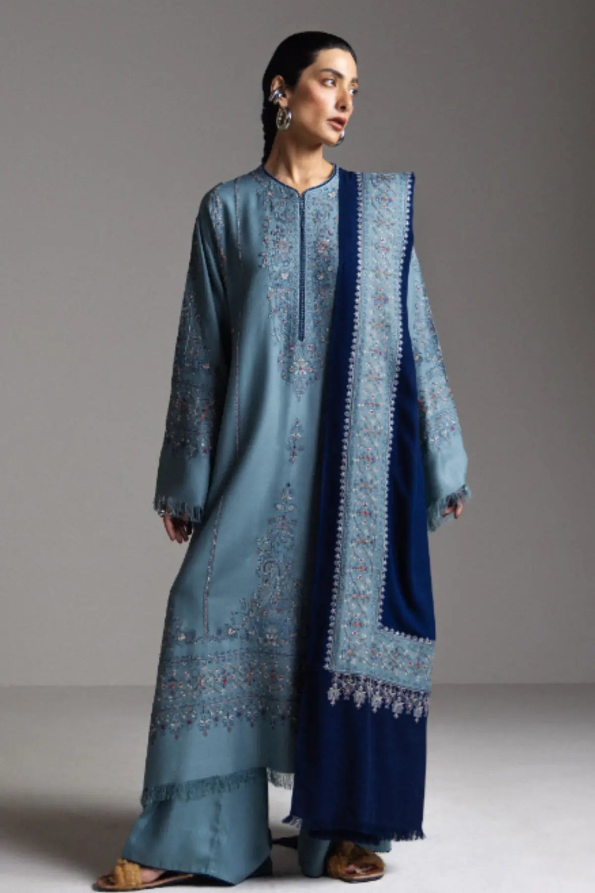 Zara Shahjahan Firoza D9 aqua blue embroidered marina stitched winter 3PC suit with navy shawl from Saraab Winter 2026