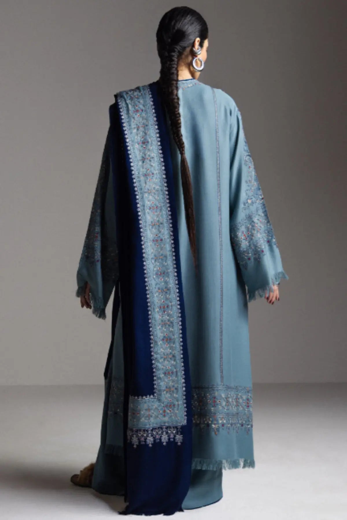 Zara Shahjahan Firoza D9 aqua blue embroidered marina stitched winter 3PC suit with navy shawl from Saraab Winter 2026