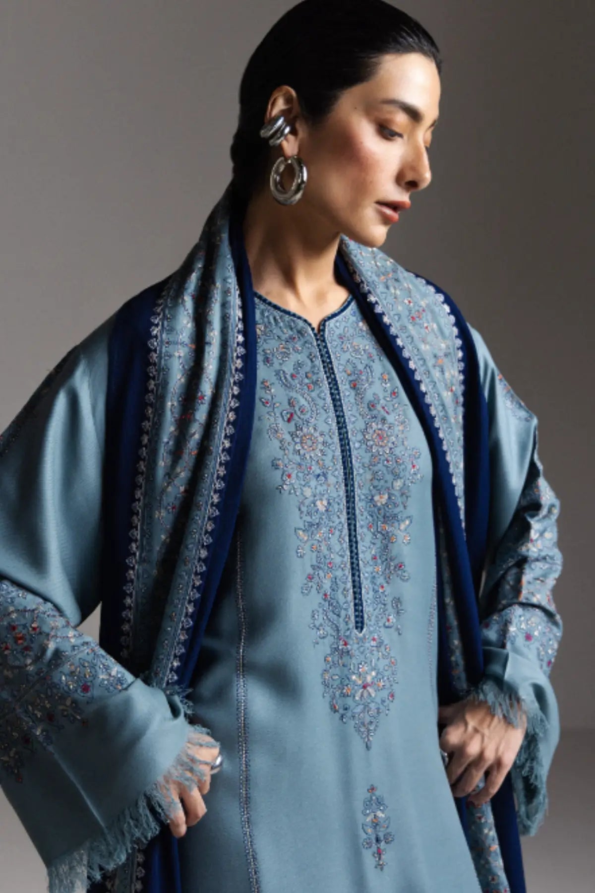 Zara Shahjahan Firoza D9 aqua blue embroidered marina stitched winter 3PC suit with navy shawl from Saraab Winter 2026