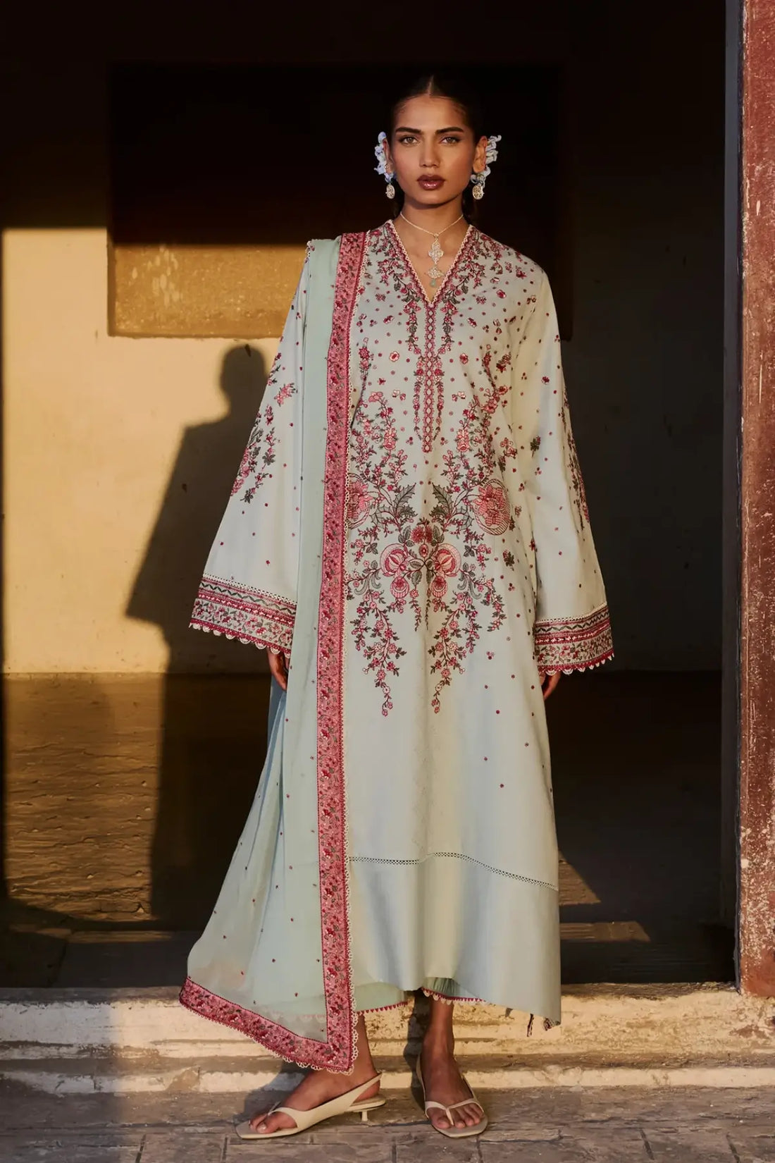 Firuz aqua dobby lawn stitched 3PC suit with chiffon dupatta by Hussain Rehar Pakistanimoda