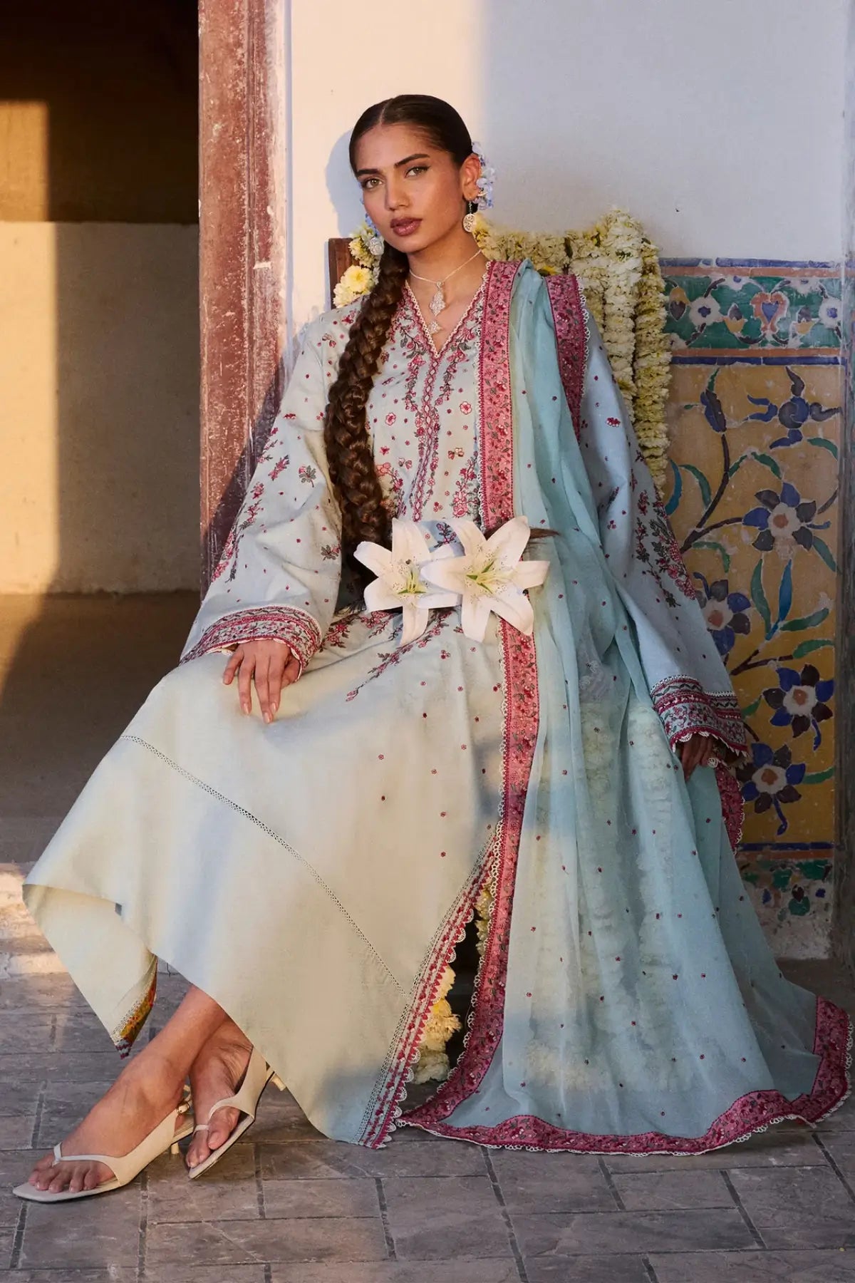 Firuz aqua dobby lawn stitched 3PC suit with chiffon dupatta by Hussain Rehar Pakistanimoda