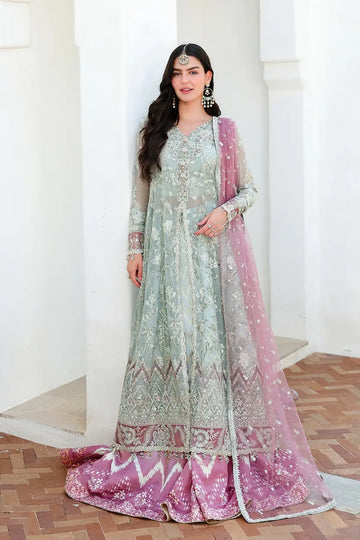 Flirty Muse aqua mint hand embellished chiffon Pakistani formal dress with mauve printed silk trouser and sequinned net dupatta
