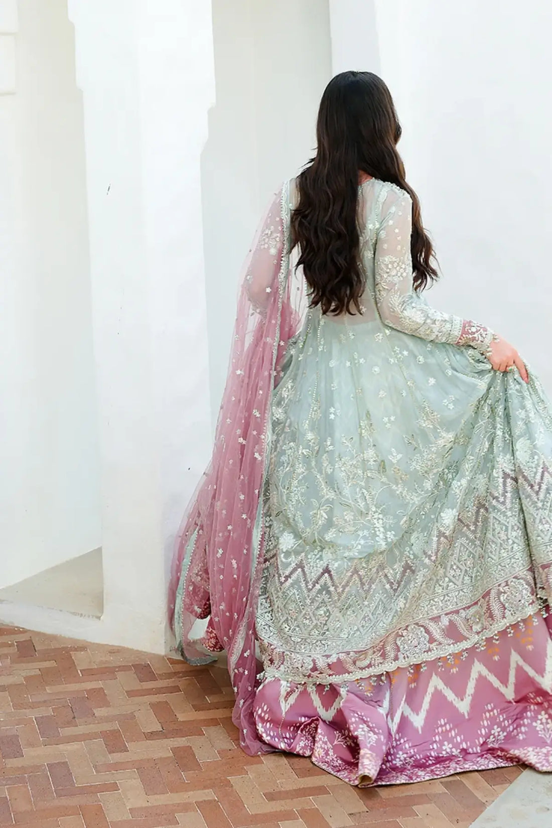 Flirty Muse aqua mint hand embellished chiffon Pakistani formal dress with mauve printed silk trouser and sequinned net dupatta