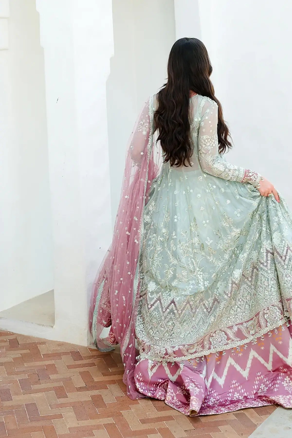 Flirty Muse aqua mint hand embellished chiffon Pakistani formal dress with mauve printed silk trouser and sequinned net dupatta