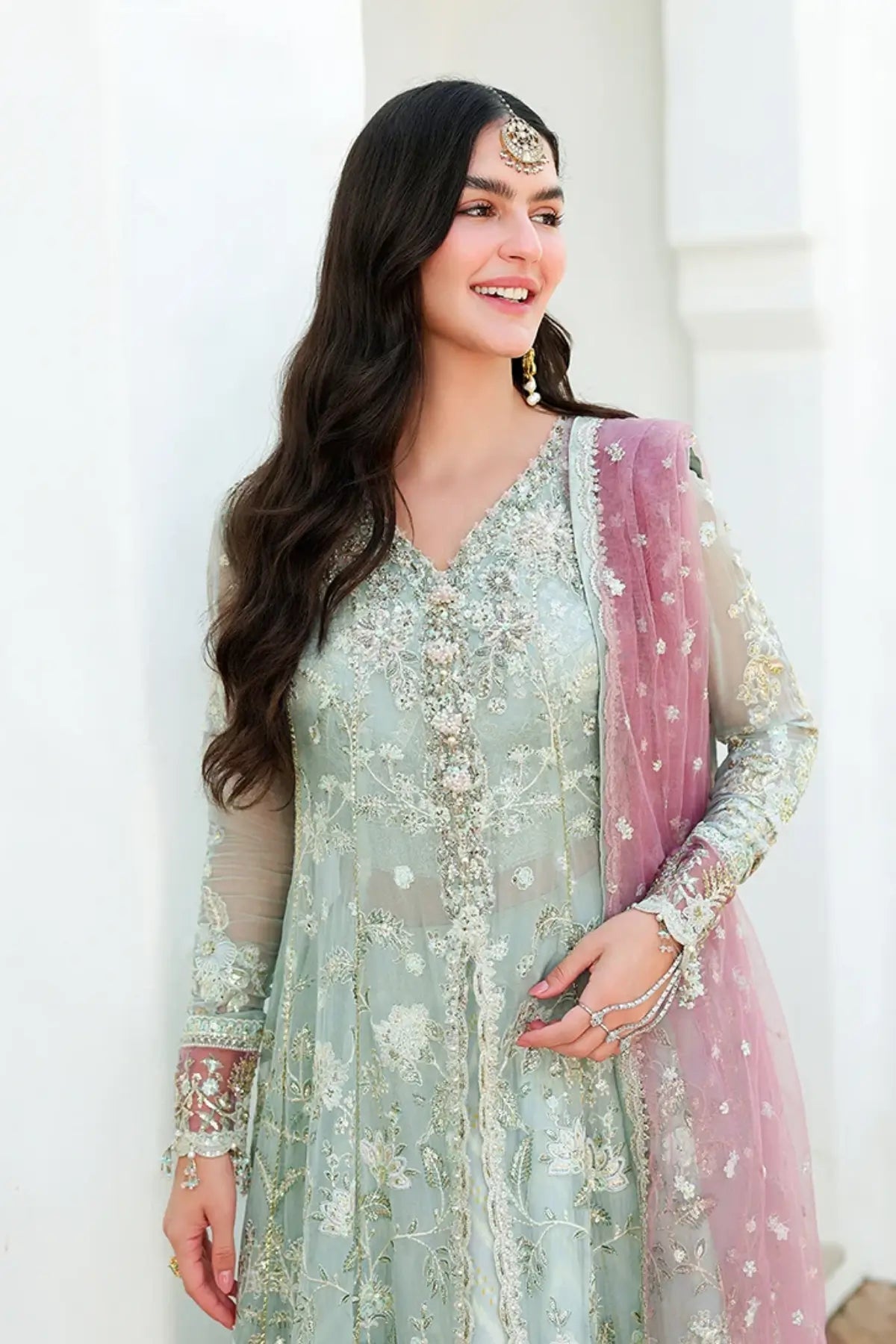 Flirty Muse aqua mint hand embellished chiffon Pakistani formal dress with mauve printed silk trouser and sequinned net dupatta