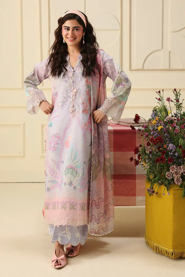 Flora Amour Mushq Soleil Prints lavender summer lawn suit with chiffon dupatta and silk lace detailing