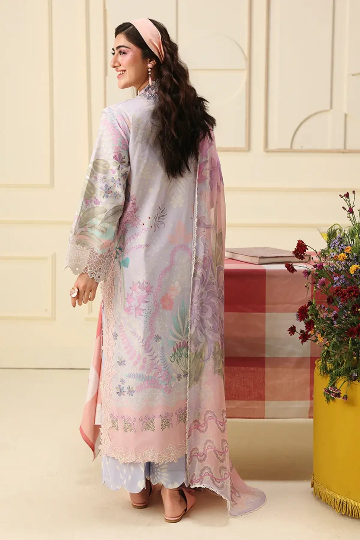 Flora Amour Mushq Soleil Prints lavender summer lawn suit with chiffon dupatta and silk lace detailing