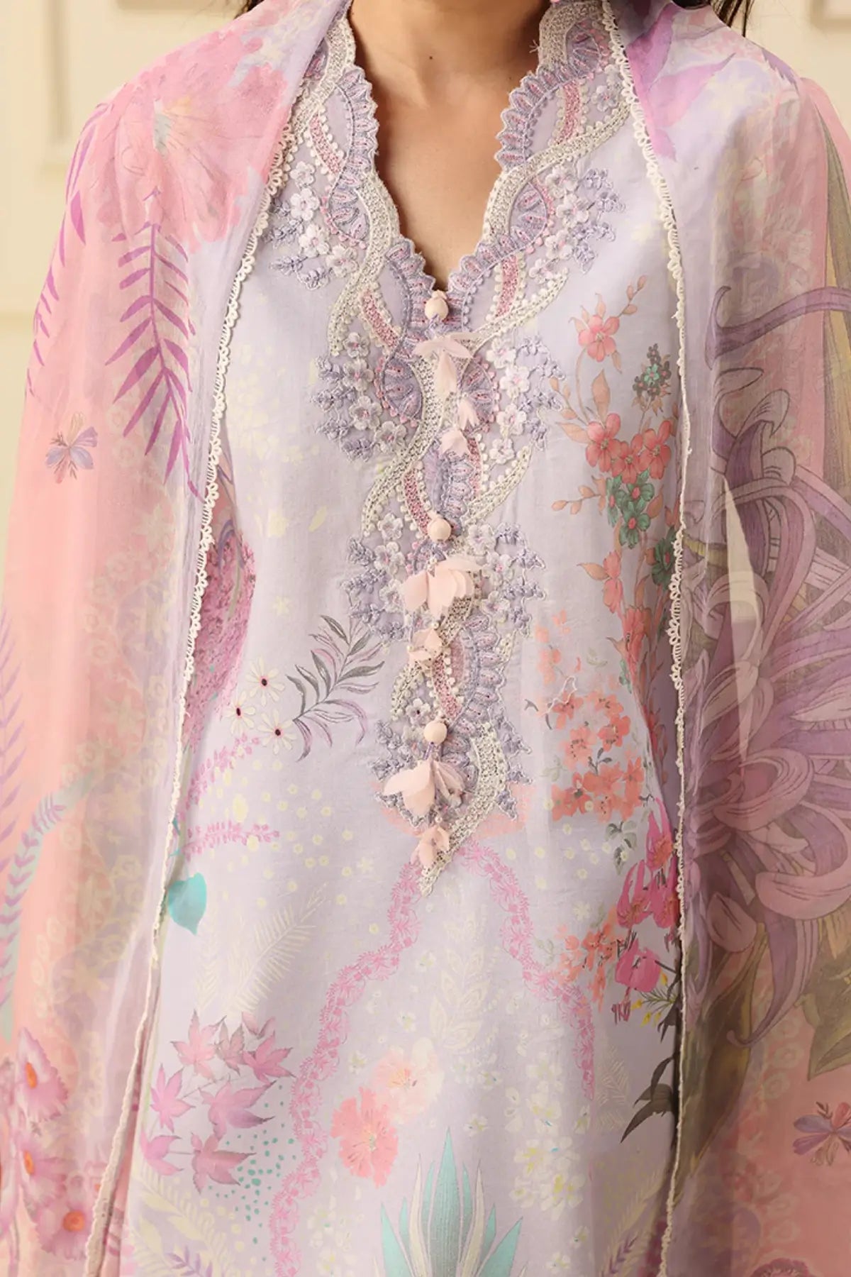 Flora Amour Mushq Soleil Prints lavender summer lawn suit with chiffon dupatta and silk lace detailing
