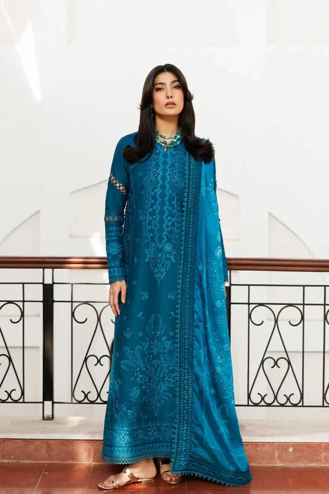 Floraison Emaan Adeel teal embroidered lawn stitched 3PC suit with digital printed silk dupatta