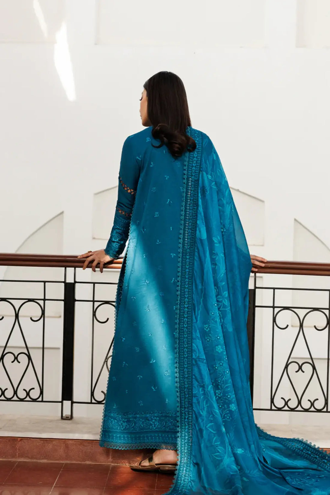 Floraison Emaan Adeel teal embroidered lawn stitched 3PC suit with digital printed silk dupatta