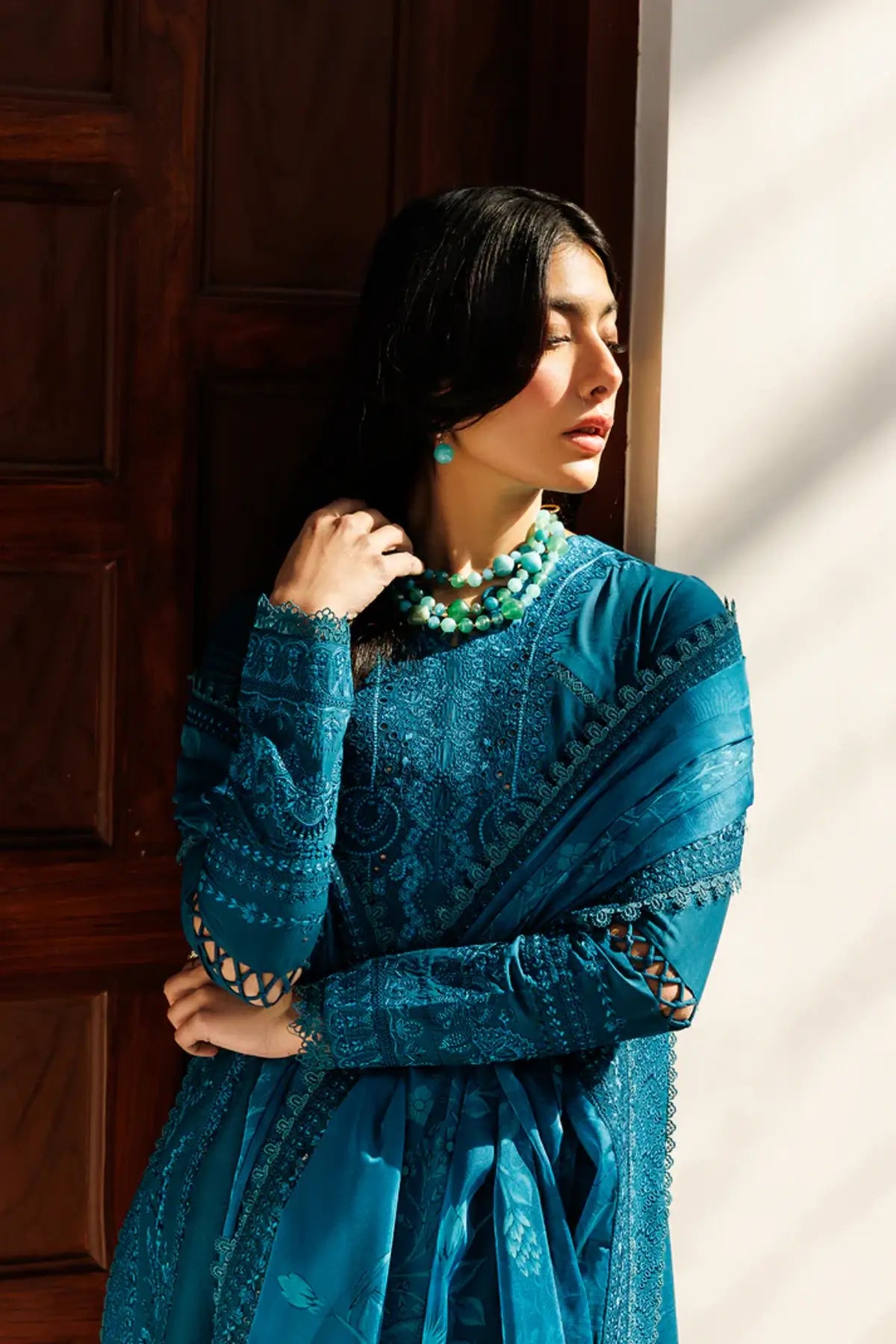 Floraison Emaan Adeel teal embroidered lawn stitched 3PC suit with digital printed silk dupatta