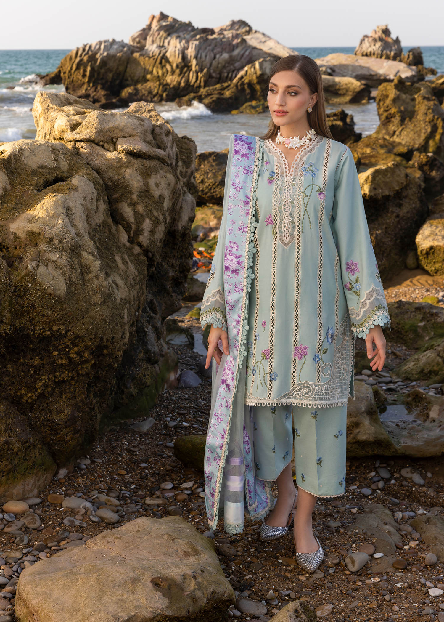 Floral Crush - D6 A- Morning Blue Embroidered Lawn Outfit By- Crimson
