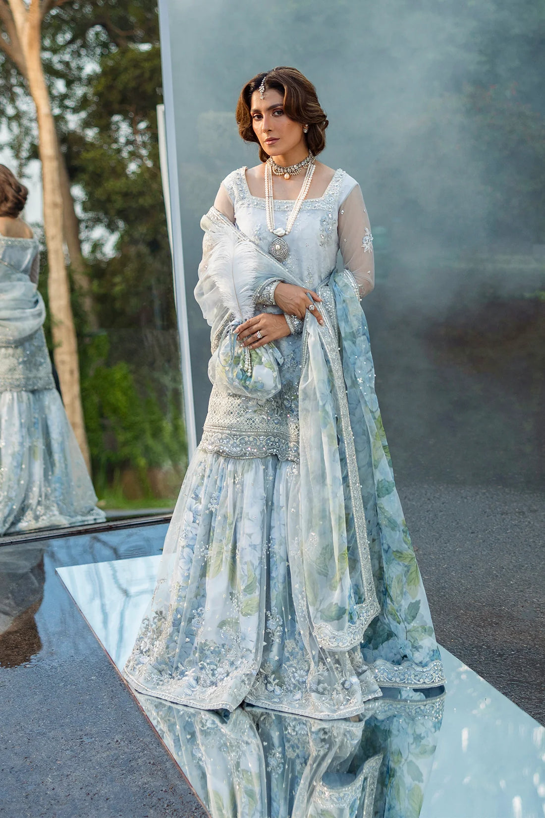 Floral Drop exclusive Pakistani festive gharara kurti outfit with embroidered details & organza dupatta – Erum Khan Jahan Vol IV.