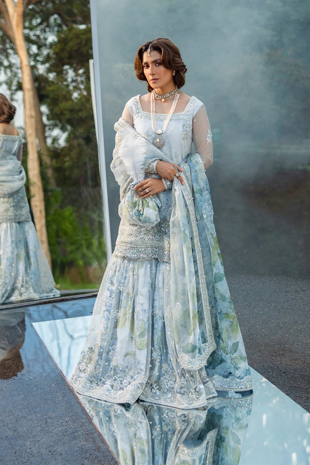 Floral Drop exclusive Pakistani festive gharara kurti outfit with embroidered details & organza dupatta – Erum Khan Jahan Vol IV.