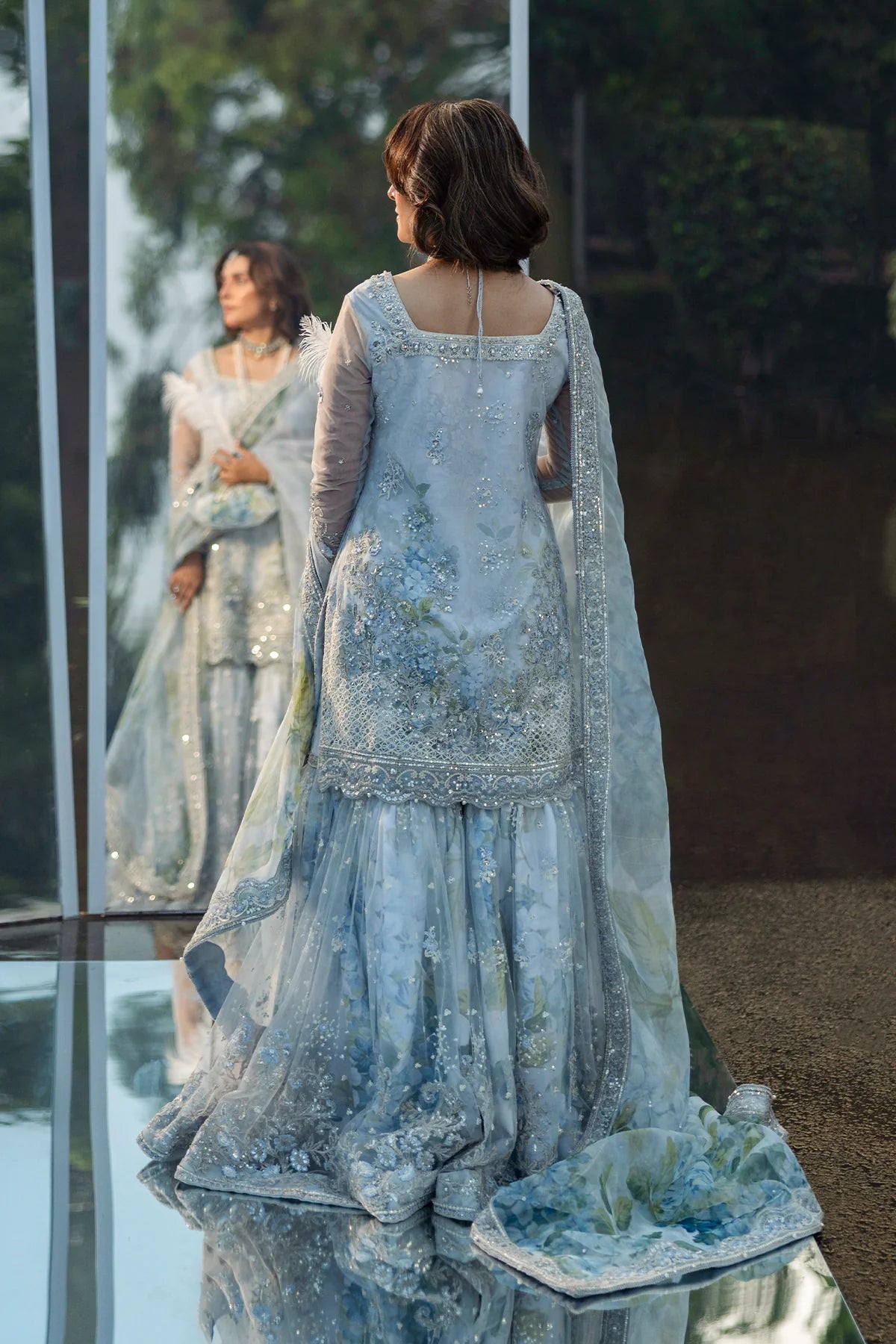 Floral Drop exclusive Pakistani festive gharara kurti outfit with embroidered details & organza dupatta – Erum Khan Jahan Vol IV.