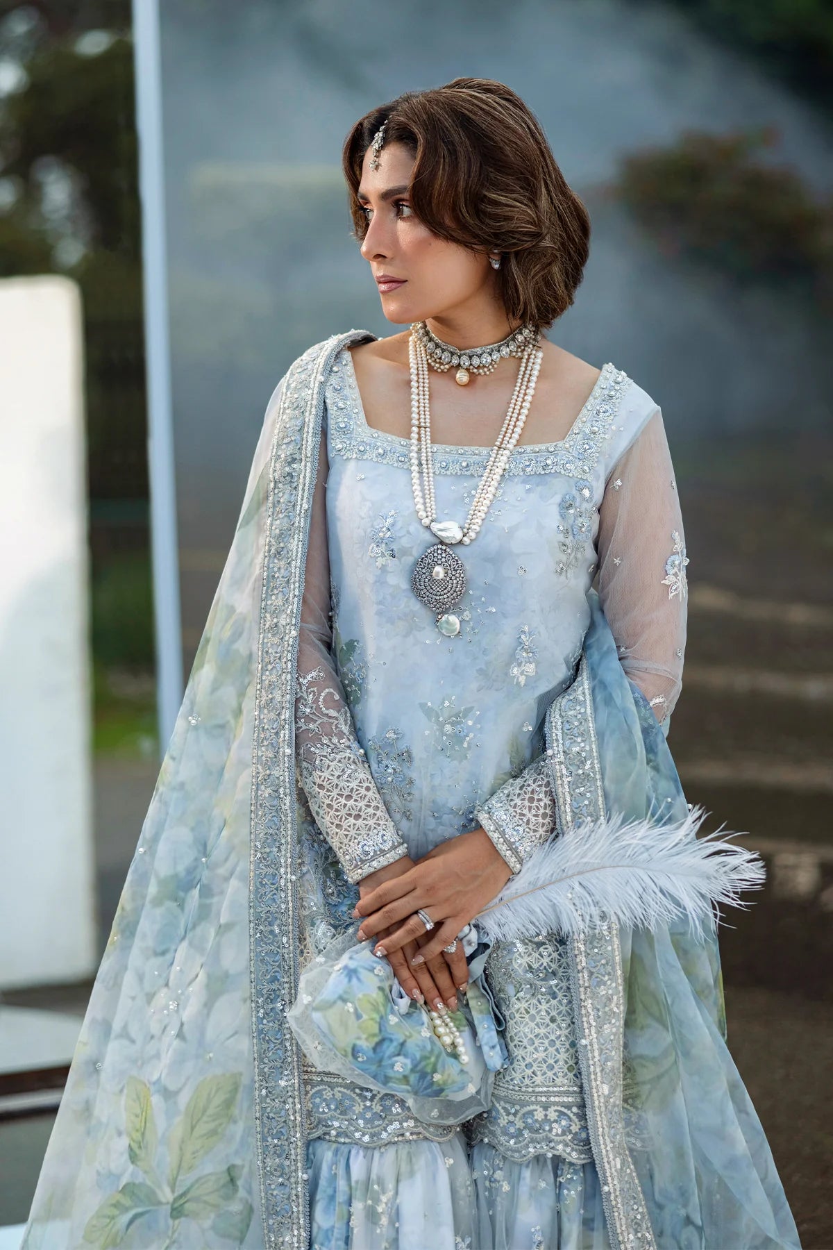 Floral Drop exclusive Pakistani festive gharara kurti outfit with embroidered details & organza dupatta – Erum Khan Jahan Vol IV.