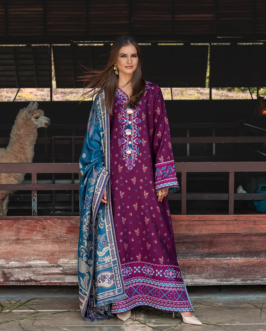 Model wearing Mushq Florence Whisper magenta jacquard embroidered winter dress with wool shawl – Winter Broadway 2025