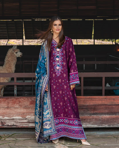 Model wearing Mushq Florence Whisper magenta jacquard embroidered winter dress with wool shawl – Winter Broadway 2025
