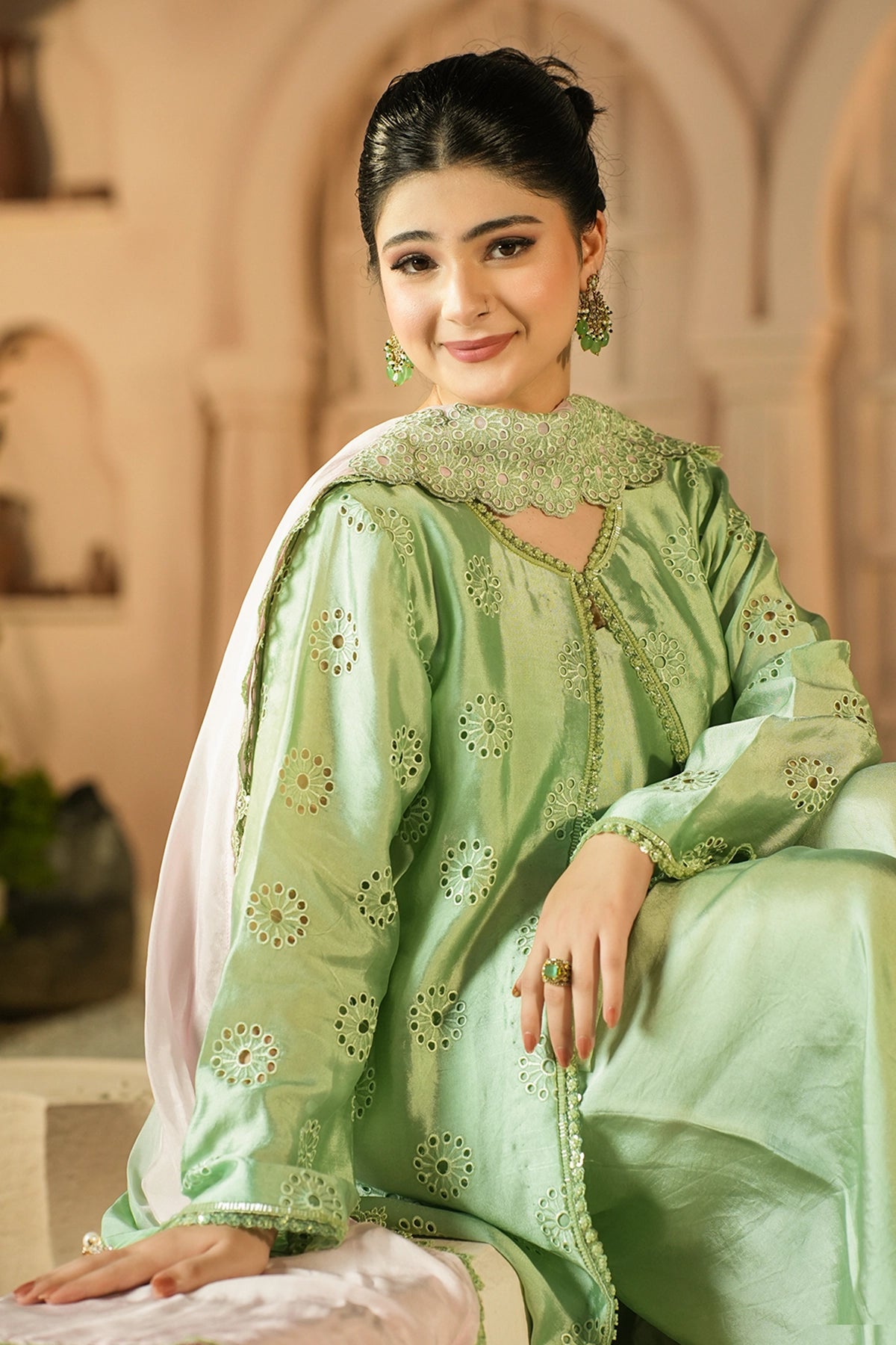 Florence Pistachio Green Signature Embroidered Sheesha Silk Suit with Balloon Pants and Medium Silk Choker Dupatta by MariamRaj