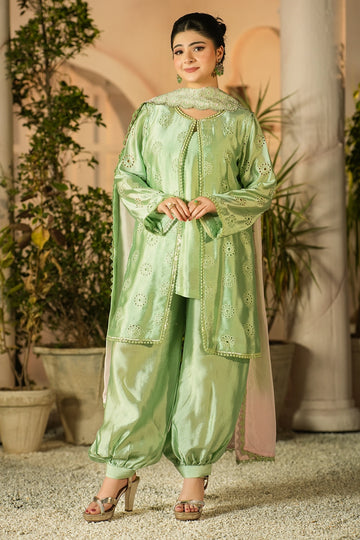 Florence Pistachio Green Signature Embroidered Sheesha Silk Suit with Balloon Pants and Medium Silk Choker Dupatta by MariamRaj