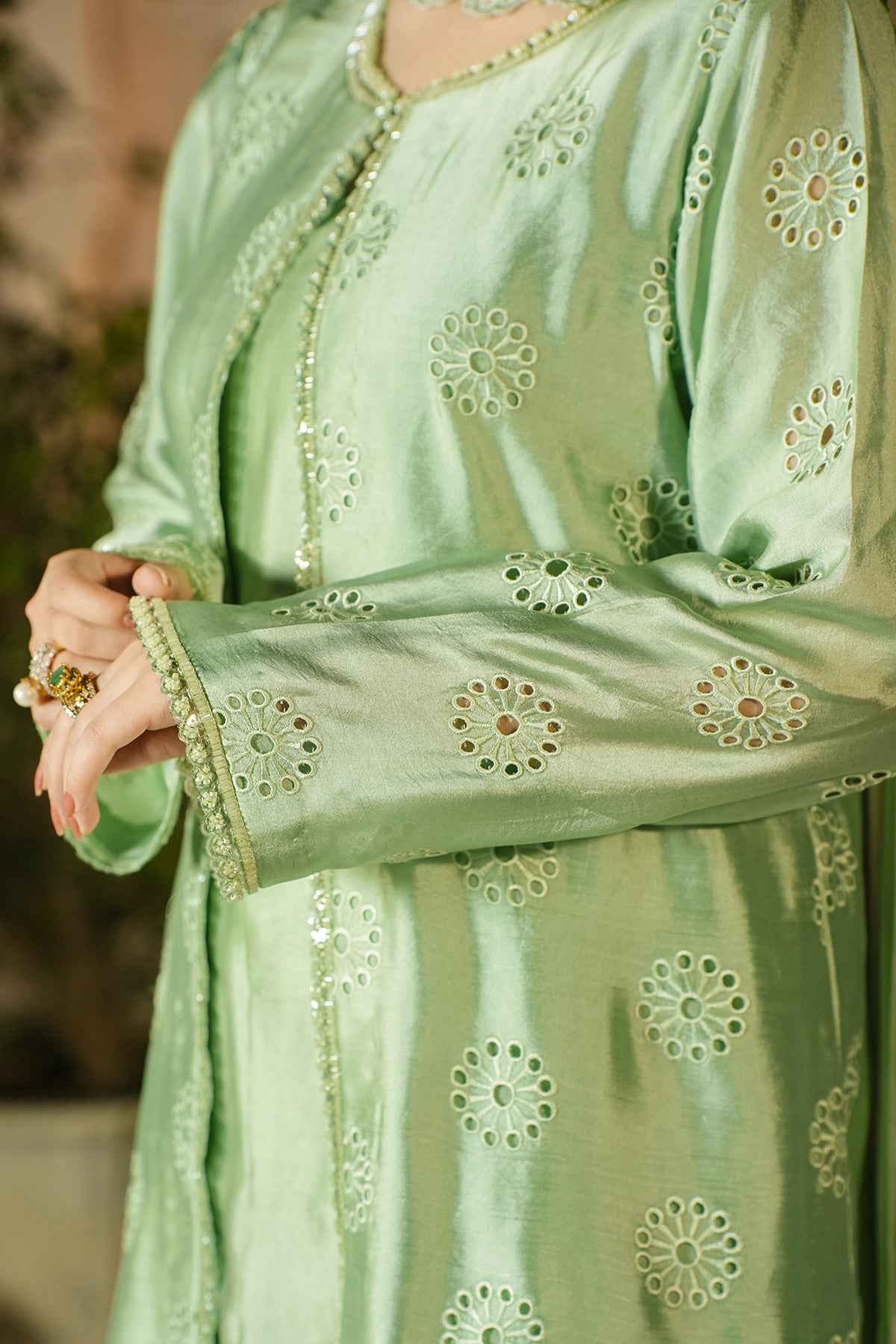 Florence Pistachio Green Signature Embroidered Sheesha Silk Suit with Balloon Pants and Medium Silk Choker Dupatta by MariamRaj