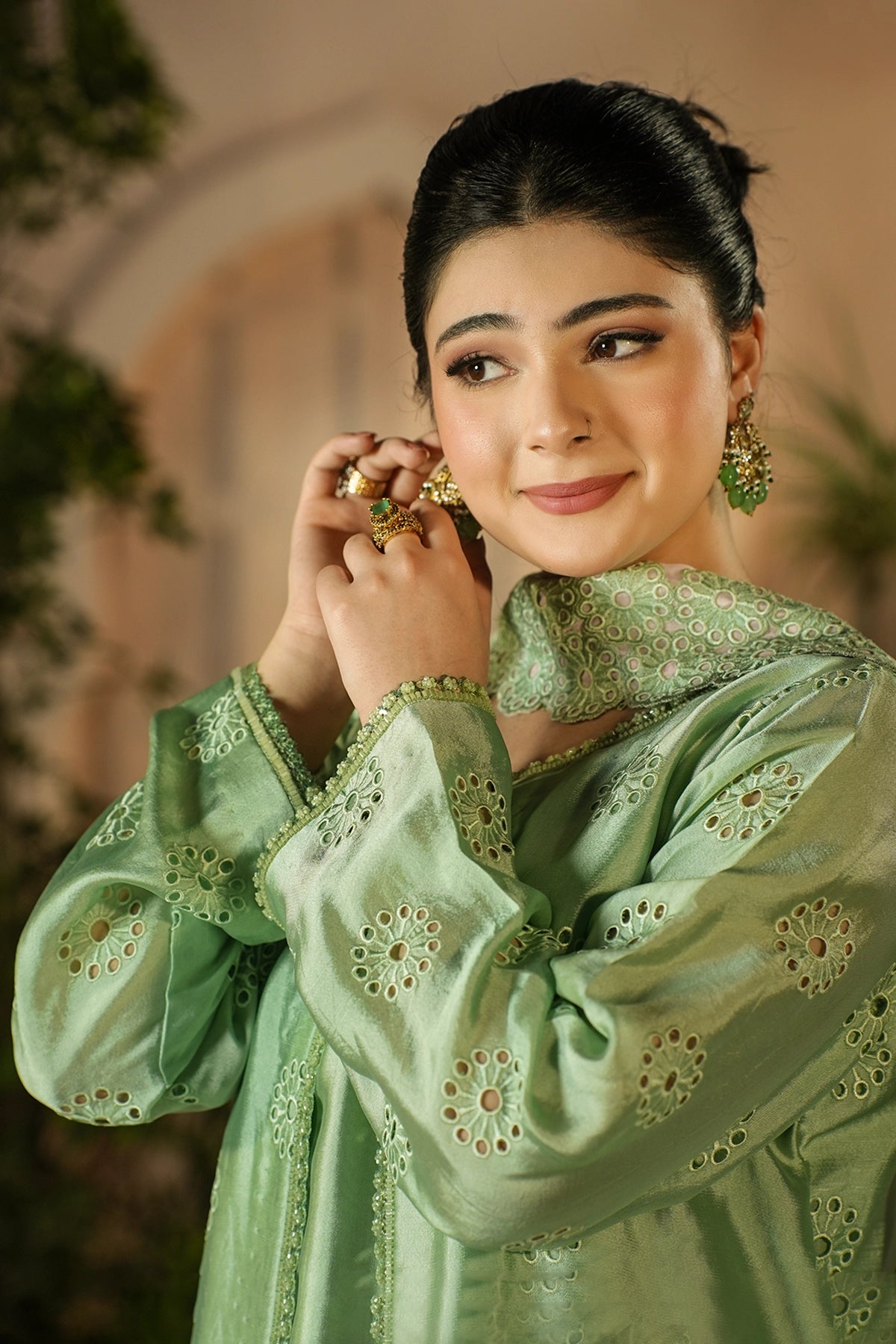 Florence Pistachio Green Signature Embroidered Sheesha Silk Suit with Balloon Pants and Medium Silk Choker Dupatta by MariamRaj