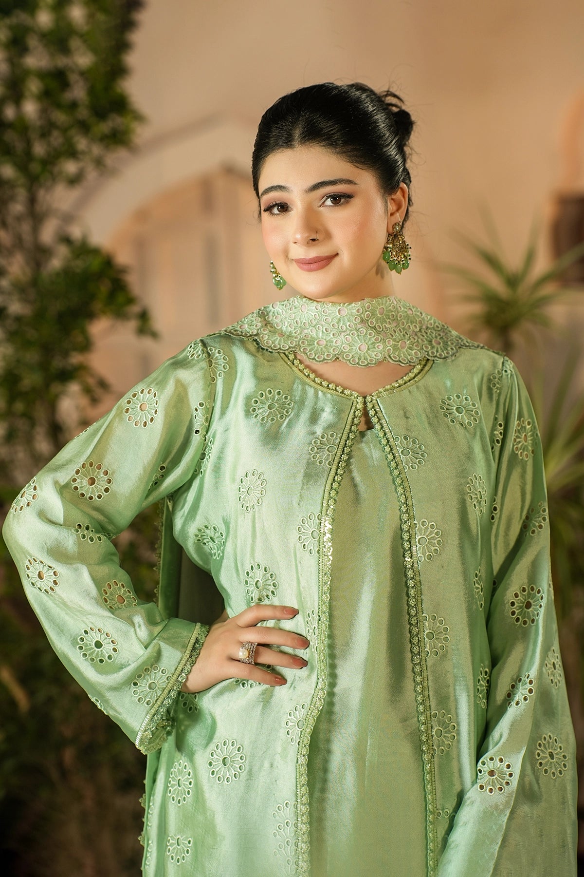 Florence Pistachio Green Signature Embroidered Sheesha Silk Suit with Balloon Pants and Medium Silk Choker Dupatta by MariamRaj