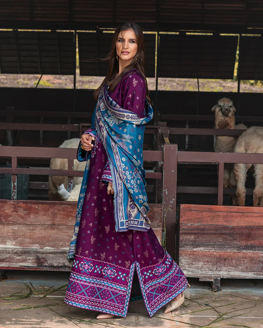 Model wearing Mushq Florence Whisper magenta jacquard embroidered winter dress with wool shawl – Winter Broadway 2025