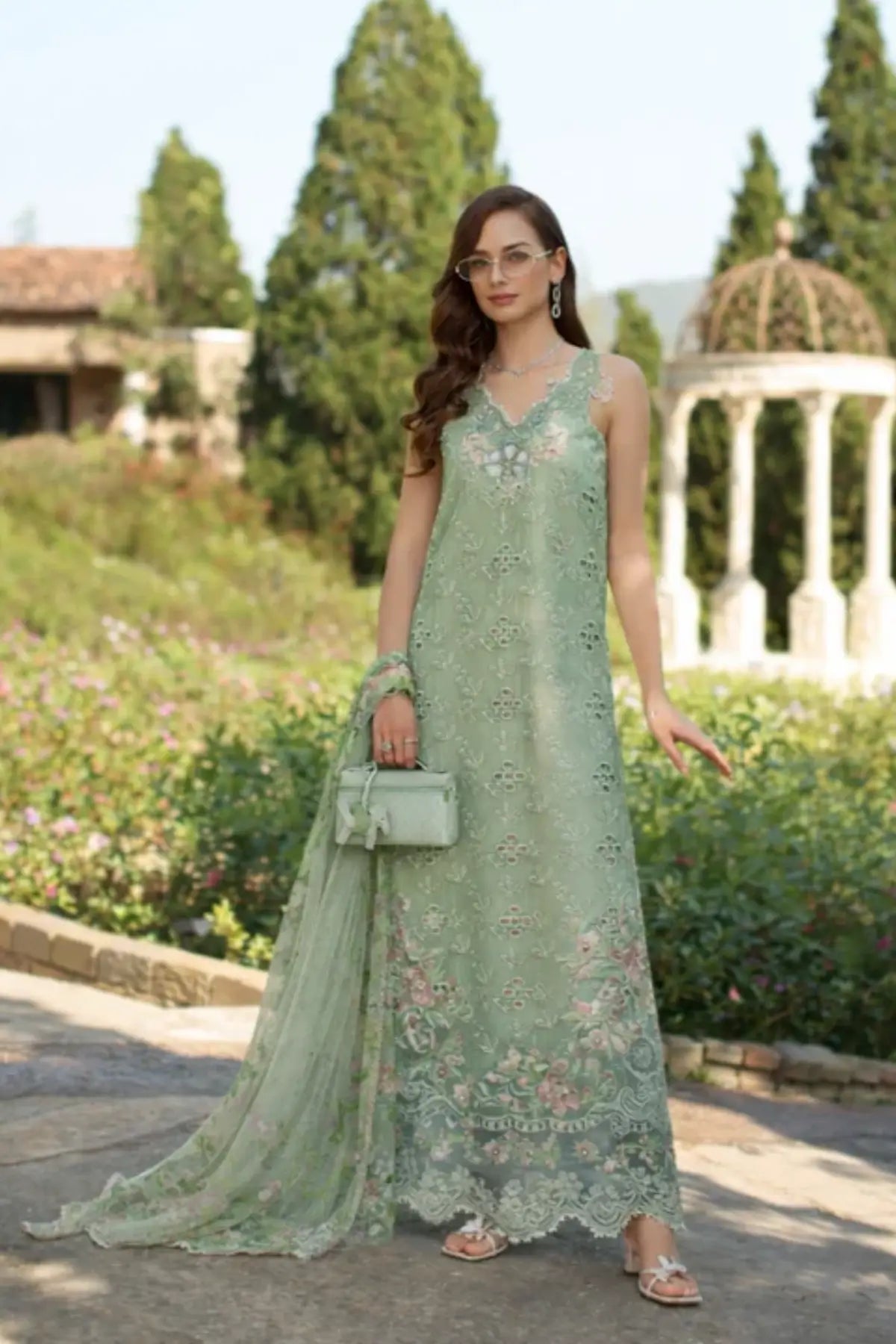 Saadia Asad Florine D7-B celadon stitched lawn suit with chiffon dupatta Noor Luxury Eid Schiffli ’26