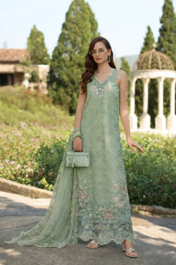 Saadia Asad Florine D7-B celadon stitched lawn suit with chiffon dupatta Noor Luxury Eid Schiffli ’26