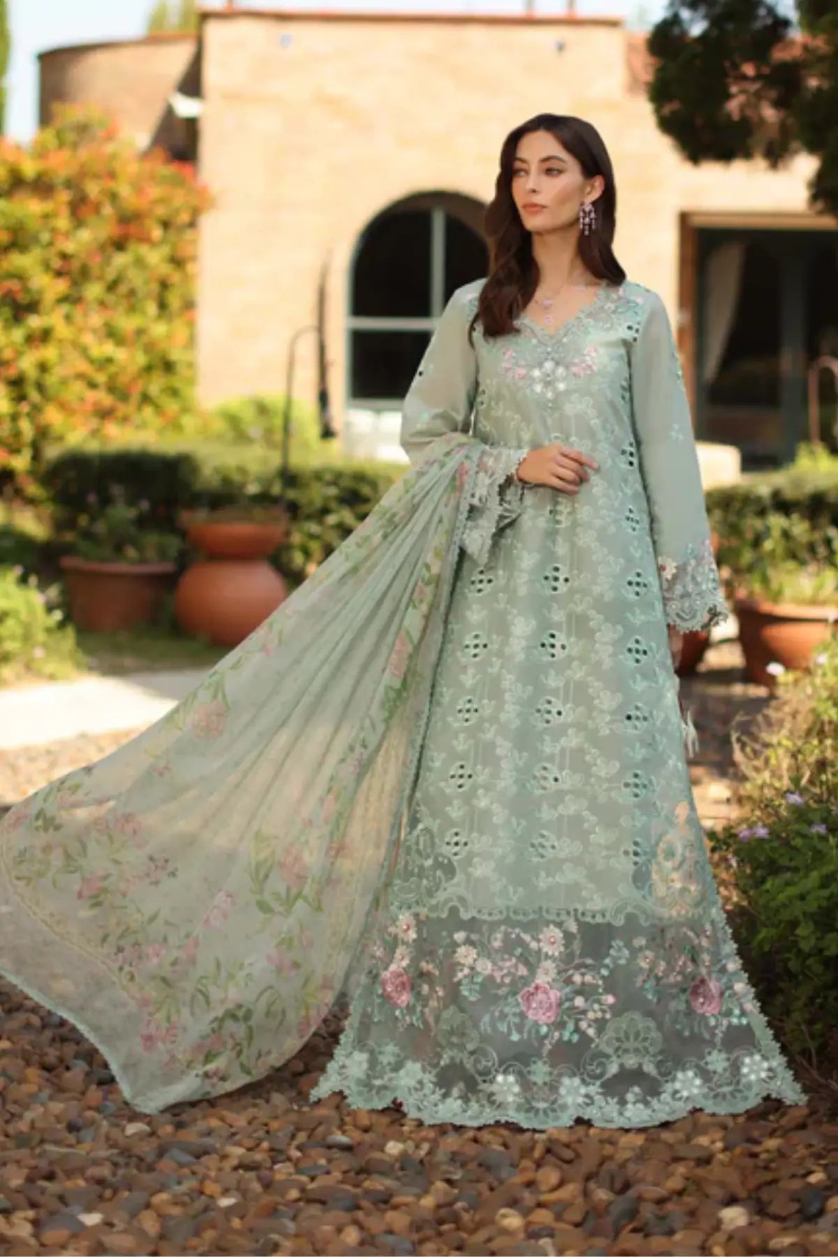 Saadia Asad Florine D7-B celadon stitched lawn suit with chiffon dupatta Noor Luxury Eid Schiffli ’26