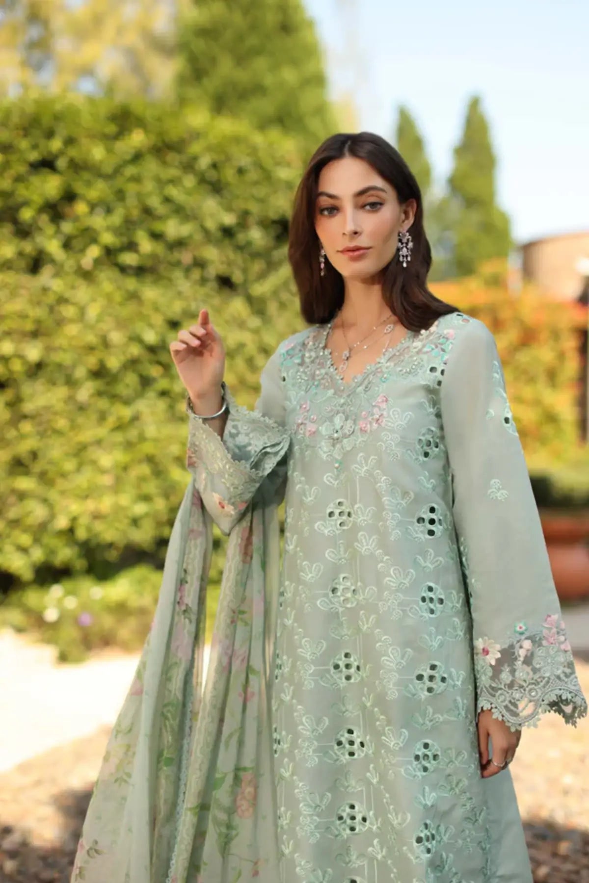 Saadia Asad Florine D7-B celadon stitched lawn suit with chiffon dupatta Noor Luxury Eid Schiffli ’26
