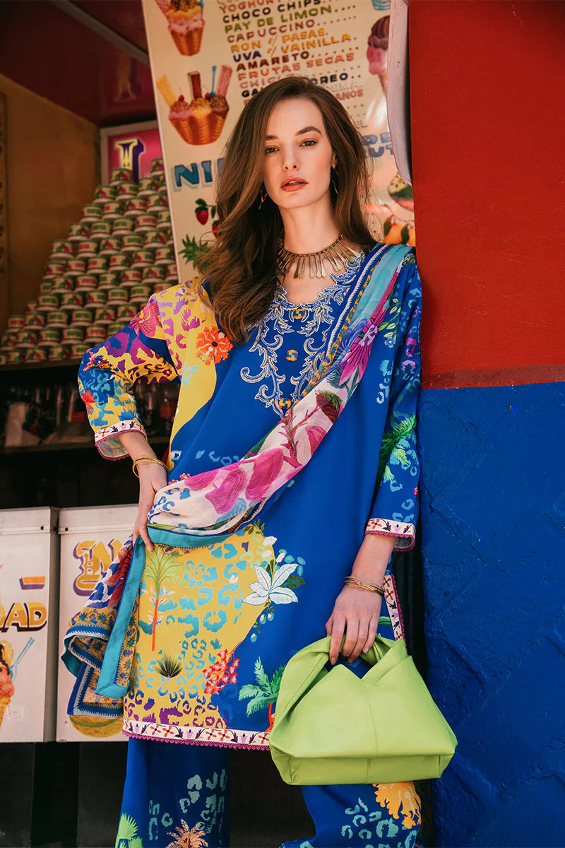 Flower of Life- Ink Blue Printed Lawn Suit with Silk Dupatta By- Mushq