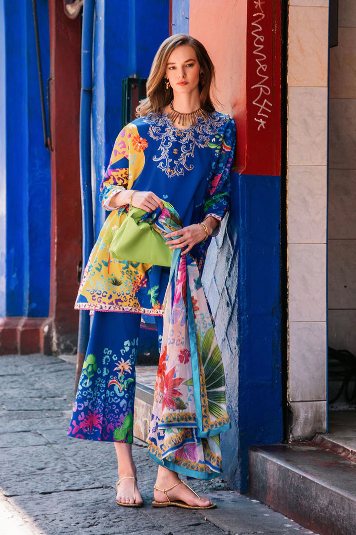 Flower of Life- Ink Blue Printed Lawn Suit with Silk Dupatta By- Mushq