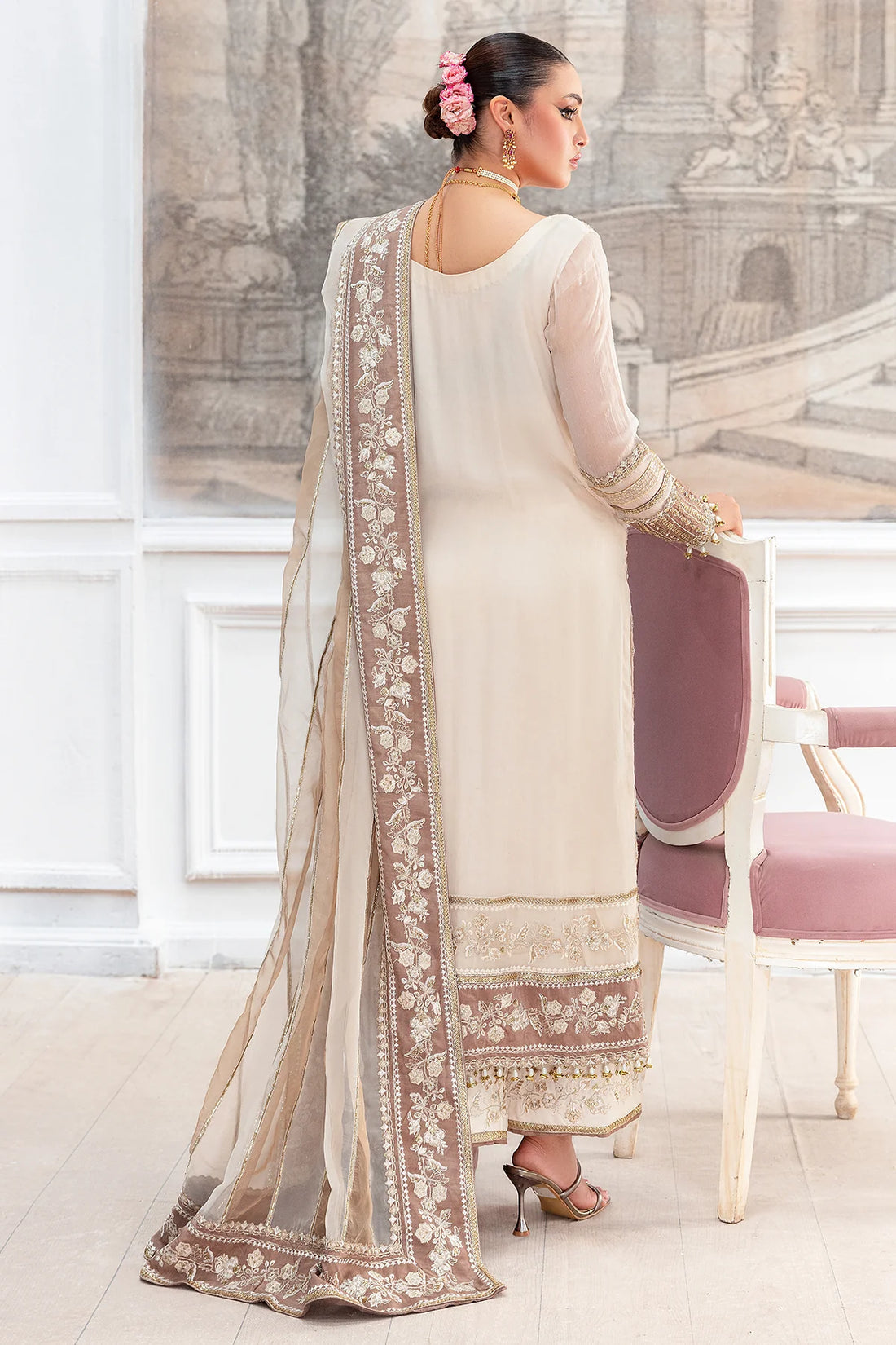 Charizma DD5-07 stitched formal off-white chiffon outfit with adda work and organza dupatta – Diamond Dust Collection at Pakistanimoda with global shipping