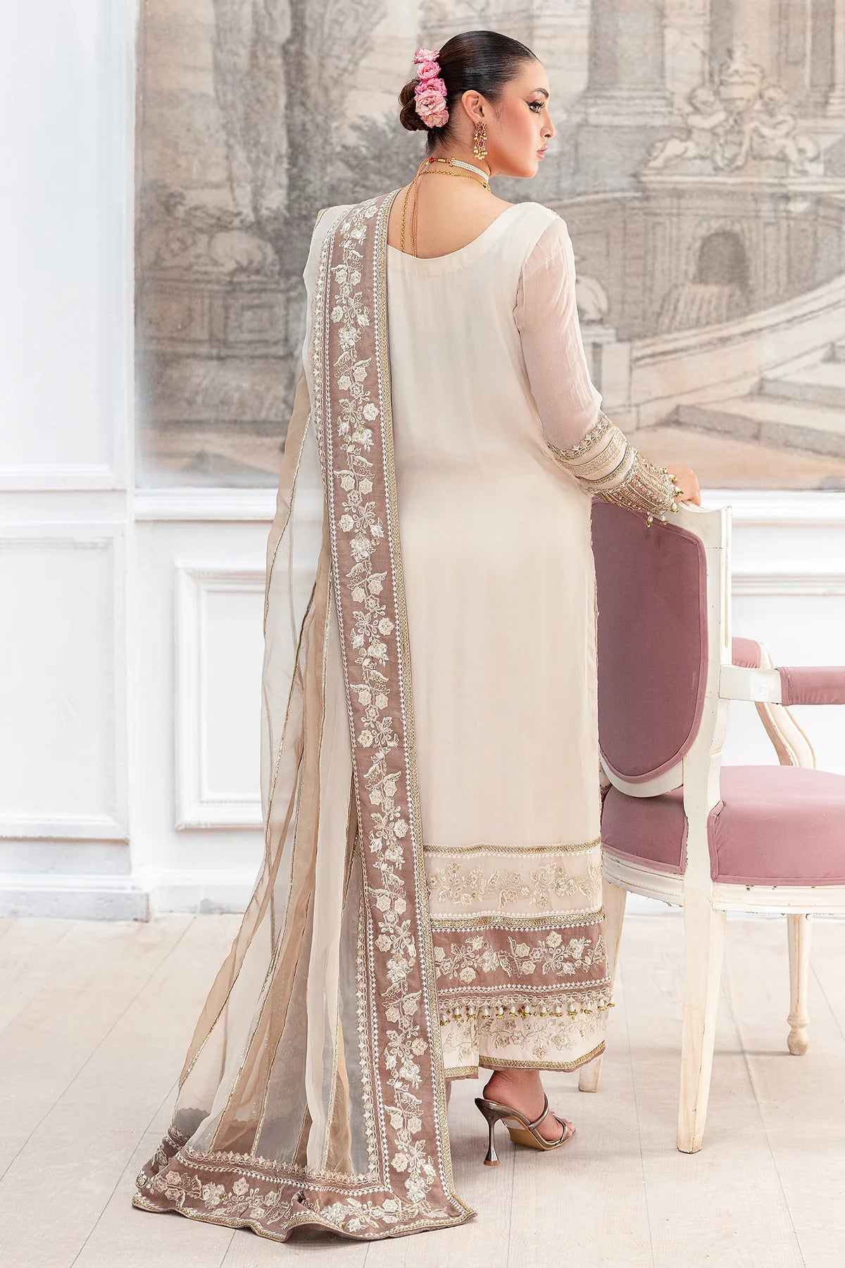Charizma DD5-07 stitched formal off-white chiffon outfit with adda work and organza dupatta – Diamond Dust Collection at Pakistanimoda with global shipping