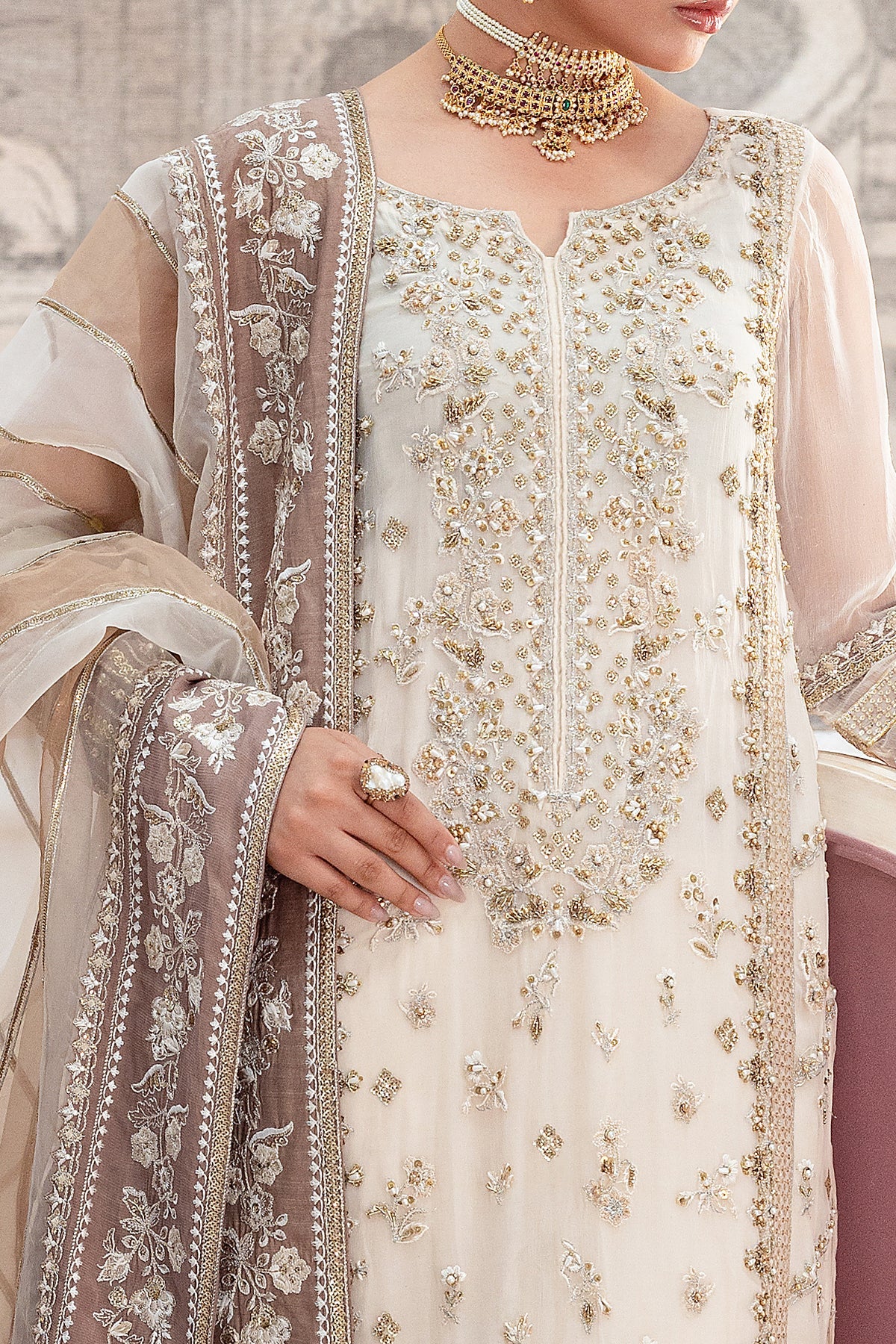 Charizma DD5-07 stitched formal off-white chiffon outfit with adda work and organza dupatta – Diamond Dust Collection at Pakistanimoda with global shipping