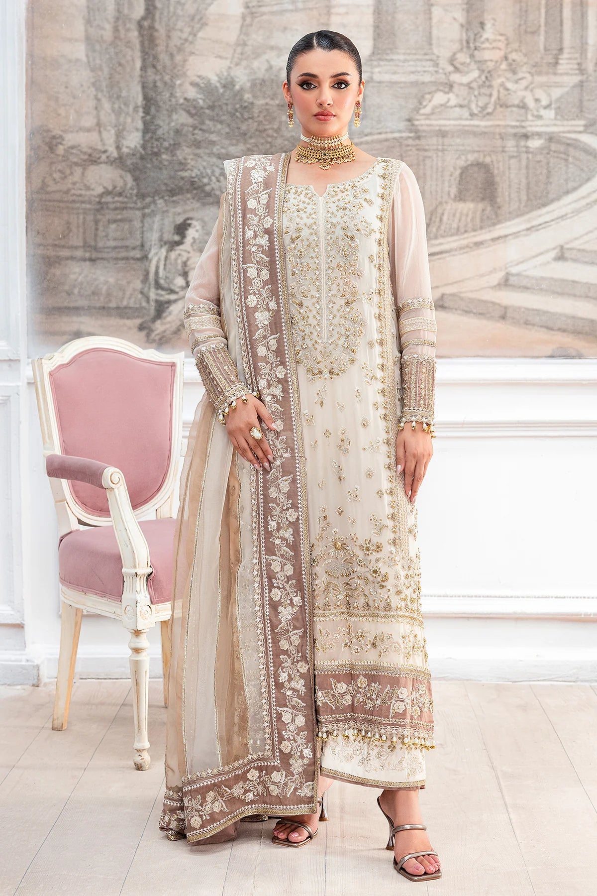 Charizma DD5-07 stitched formal off-white chiffon outfit with adda work and organza dupatta – Diamond Dust Collection at Pakistanimoda with global shipping